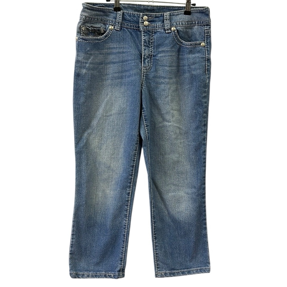 Code Bleu Embroidered Rhinestone Embellished Denim Cropped Blue Jeans Womens 10
